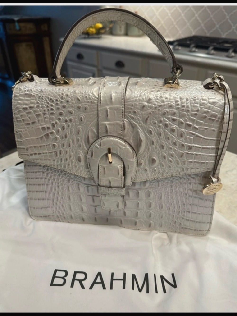 Brahmin Ivory Croc-Embossed Leather Satchel with Top Handle - Picture 3 of 14